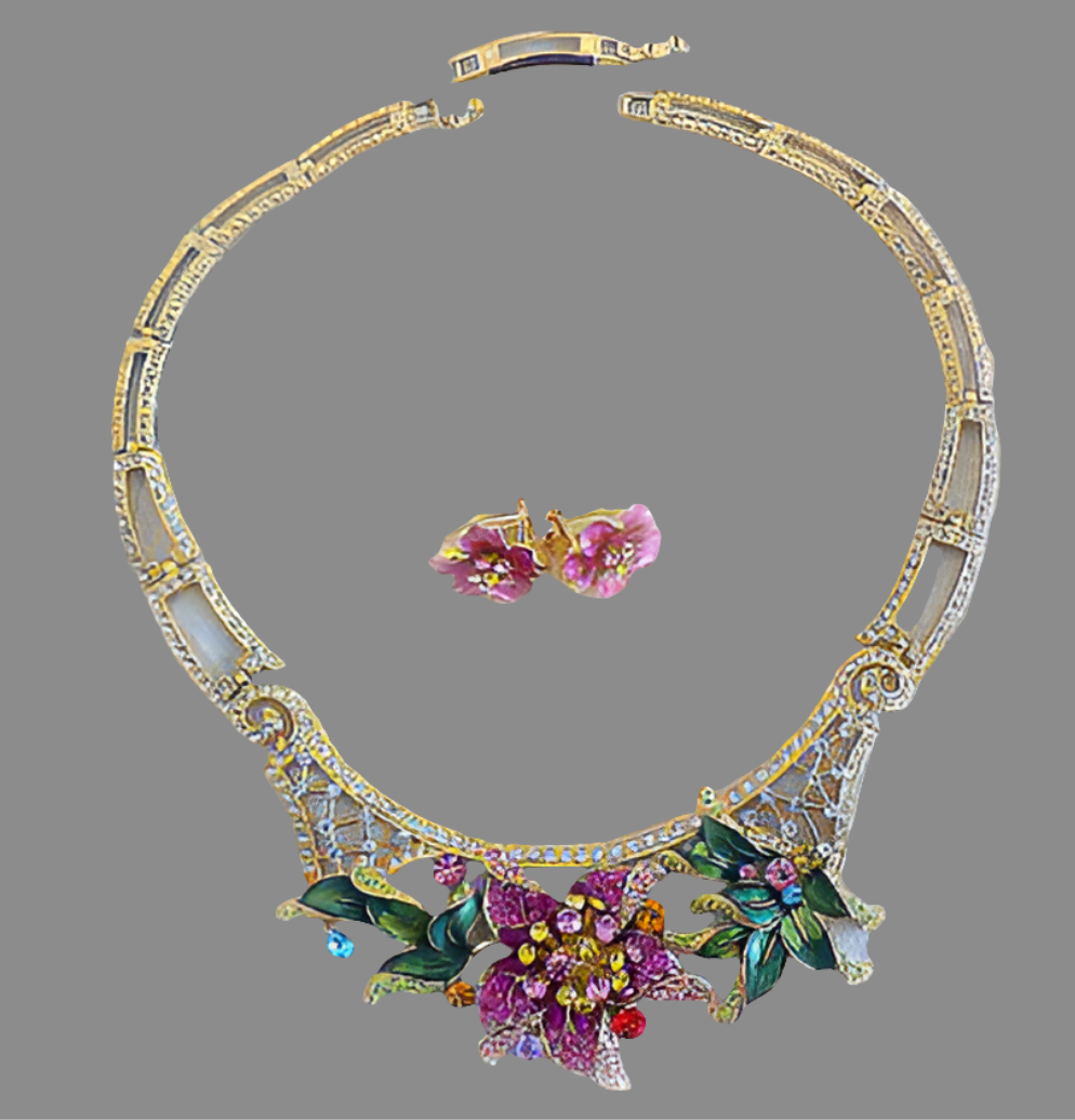 Parure avec grande fleur rose strass et émail