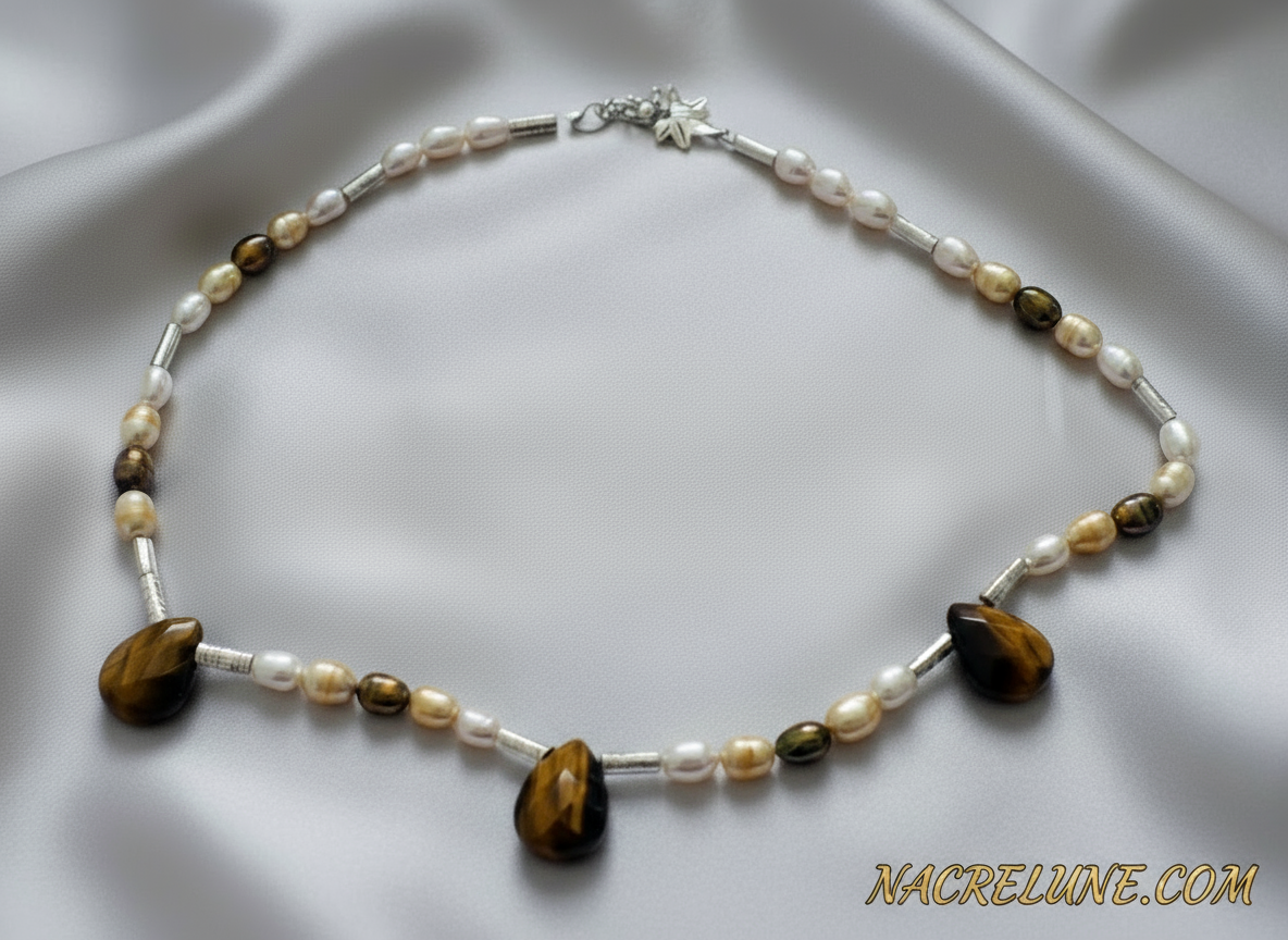 Parure en perles d' oeil du tigre et perles de culture marron NACRELUNE parure