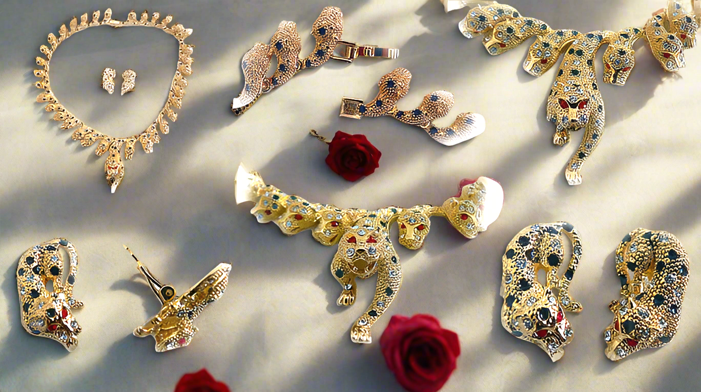 Parure panthère dorée aux yeux zirconia rubis