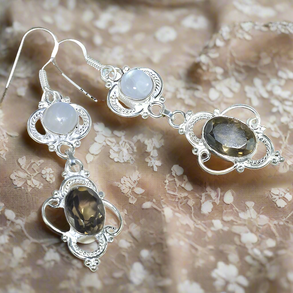 Pendientes plata piedra luna/cuarzo ahumado E54 (Multicolor)