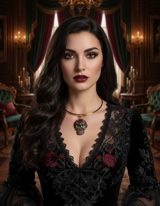 Pendentif mexicain ou gothique tête de mort, choisissez la couleur des yeux NACRELUNE collier