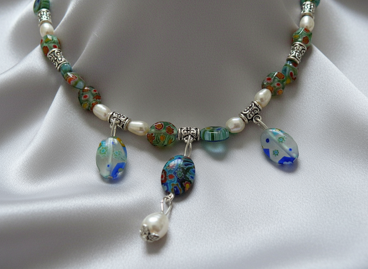 Parure en perles de verre millefiori et perles de culture NACRELUNE parure