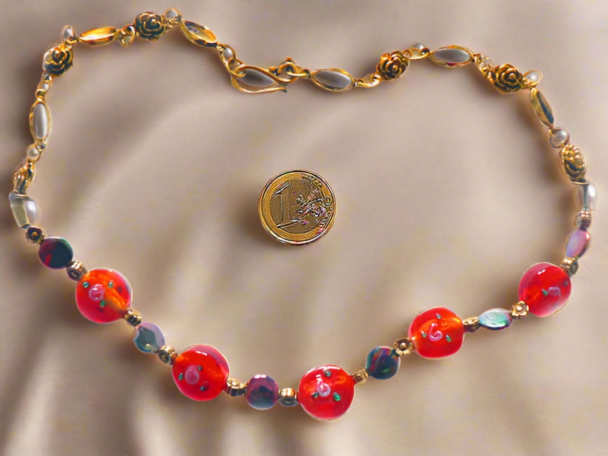 parure rouge en perles de verre et perles de nacre noire