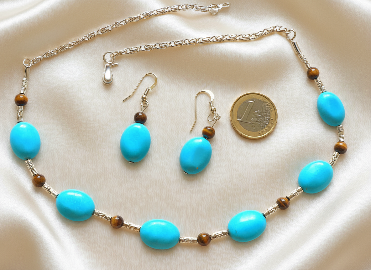 Parure en perles de turquoise et d'oeil du tigre NACRELUNE parure