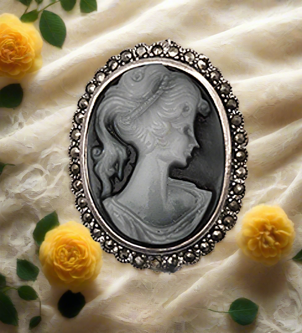 Silver blue cameo and marcasites BC6