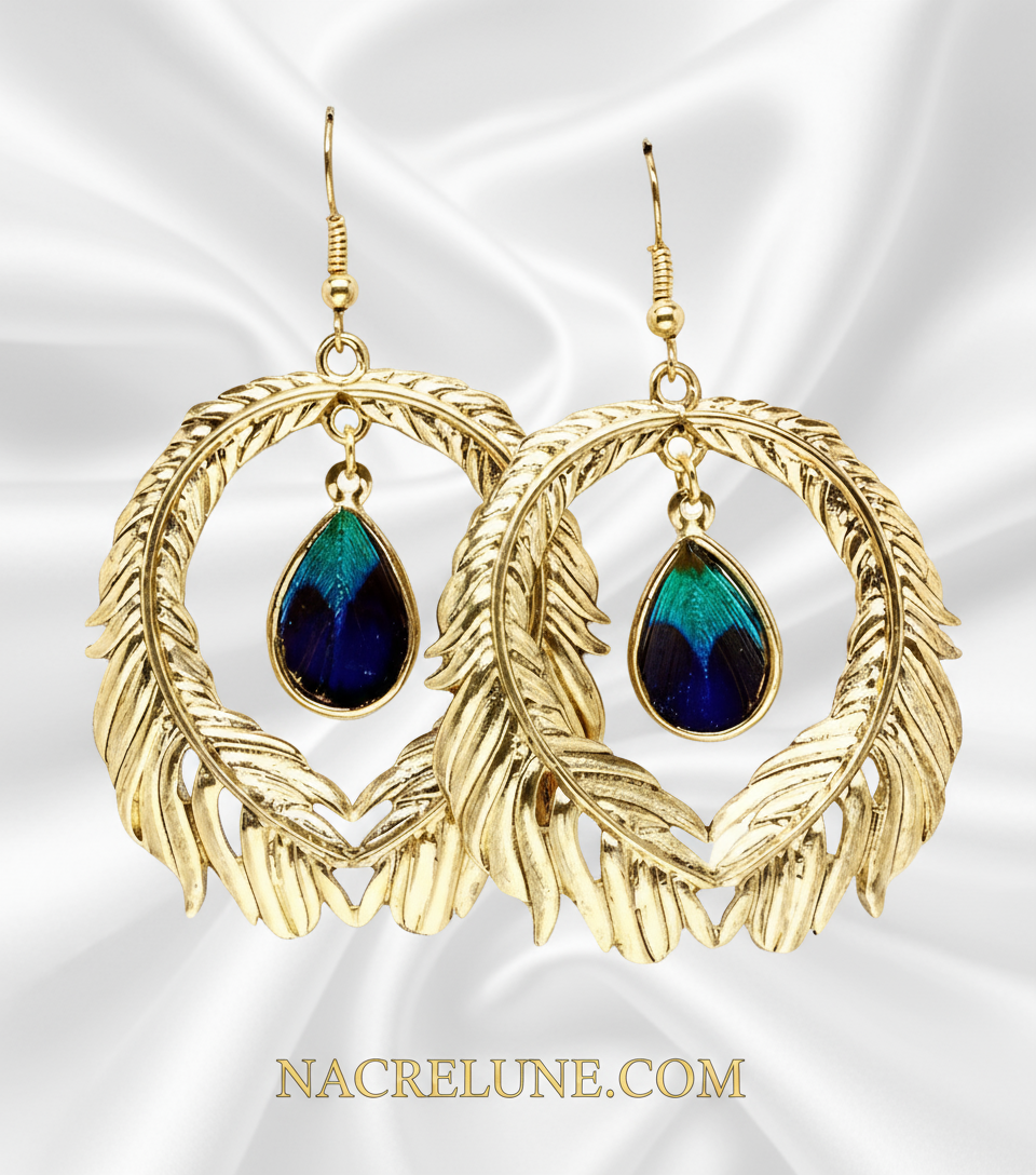 Grandes boucles d'oreille fantaisie en forme de plume de paon NACRELUNE boucles d'oreille