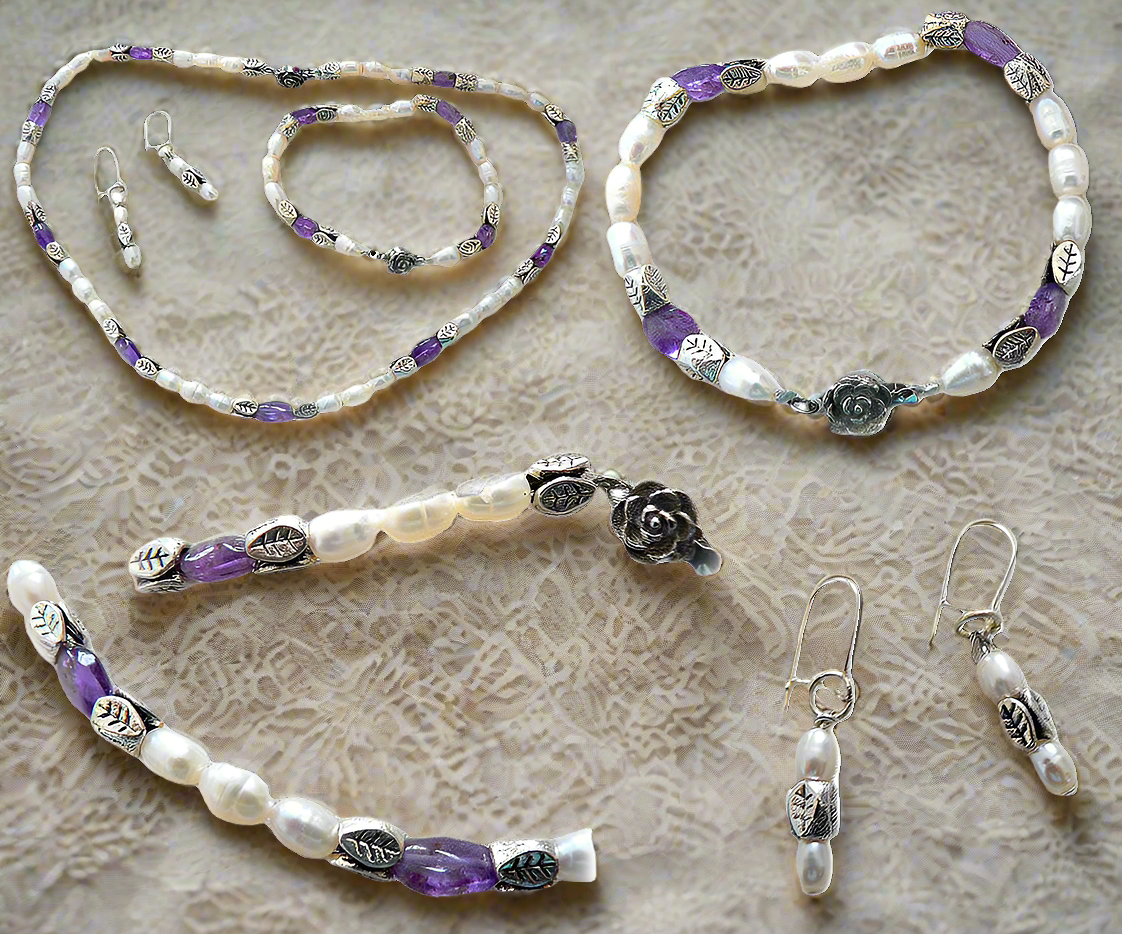 Parure en perles de culture avec améthystes véritables polies