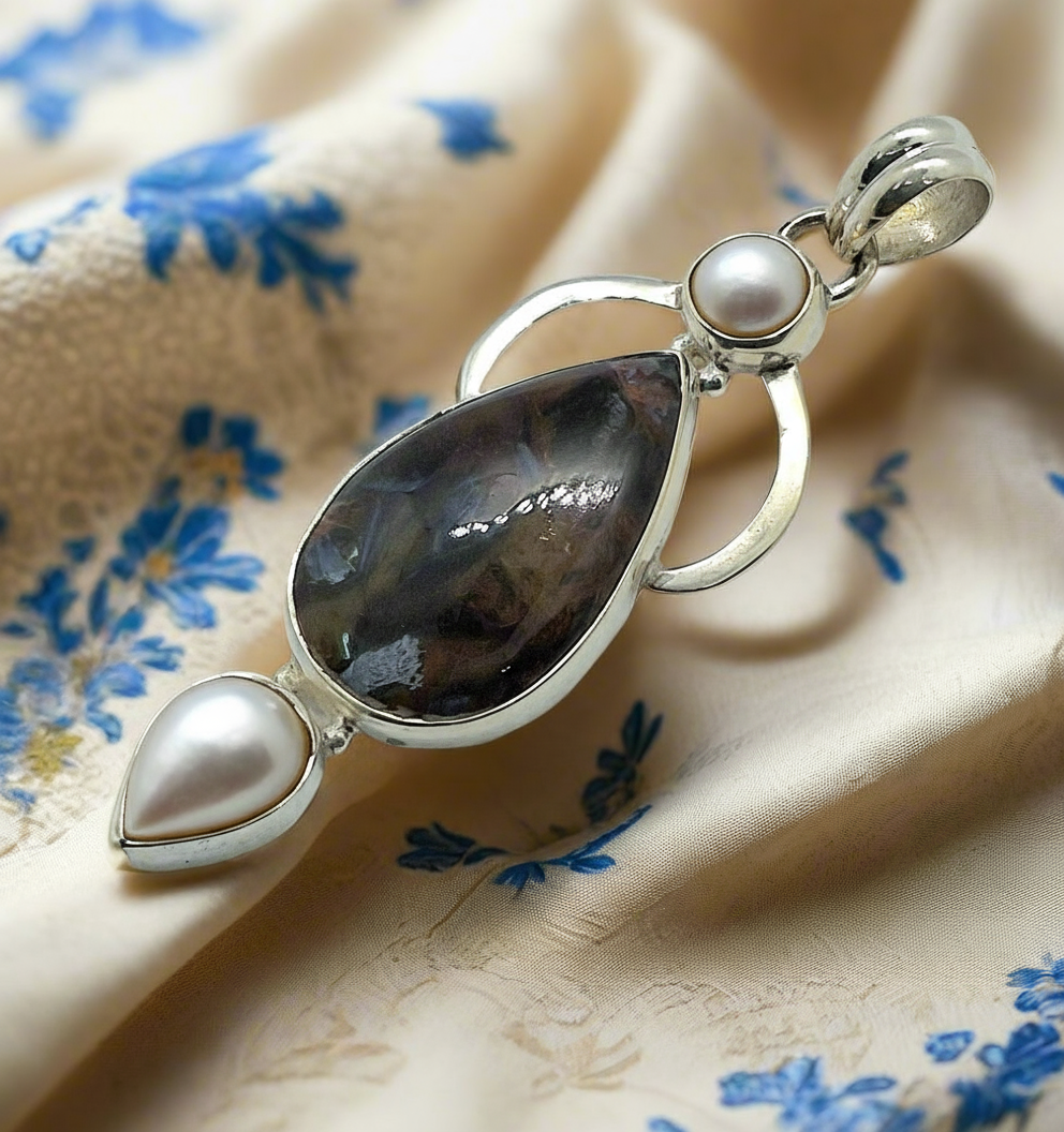 Pendentif en argent véritable avec perle fine et pierre brute polie NACRELUNE pendentif