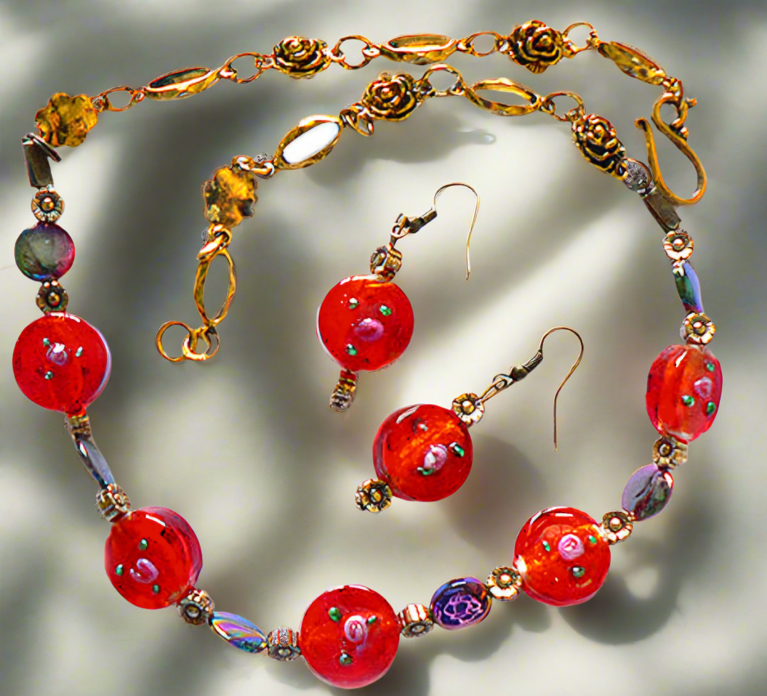 parure rouge en perles de verre et perles de nacre noire