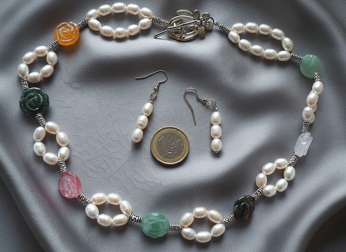 parure perles de culture avec fleurs multicolores en pierre naturelle NACRELUNE parure