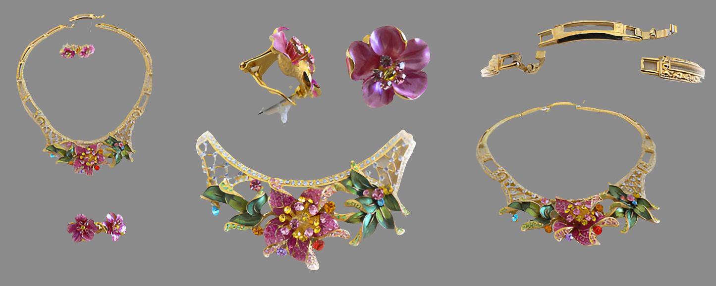 Parure avec grande fleur rose strass et émail
