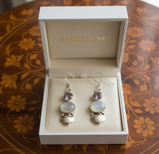 boucles en argent et pierres de lune avec améthystes NACRELUNE boucles d'oreille