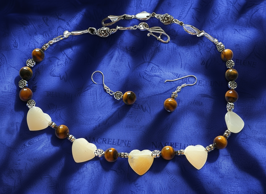 Parure en perles d' oeil du tigre et coeurs citrine jaune polis NACRELUNE parure