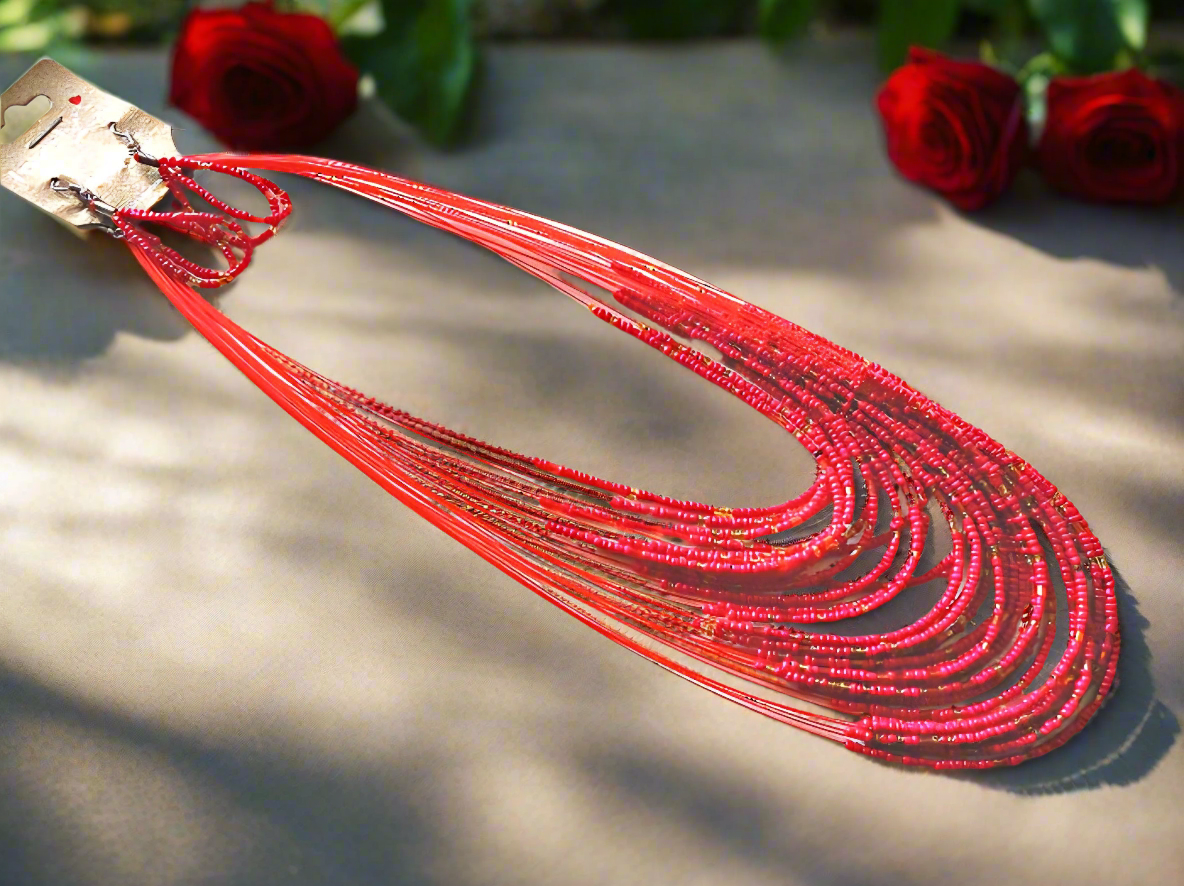 Parure en perles de rocaille, rouge