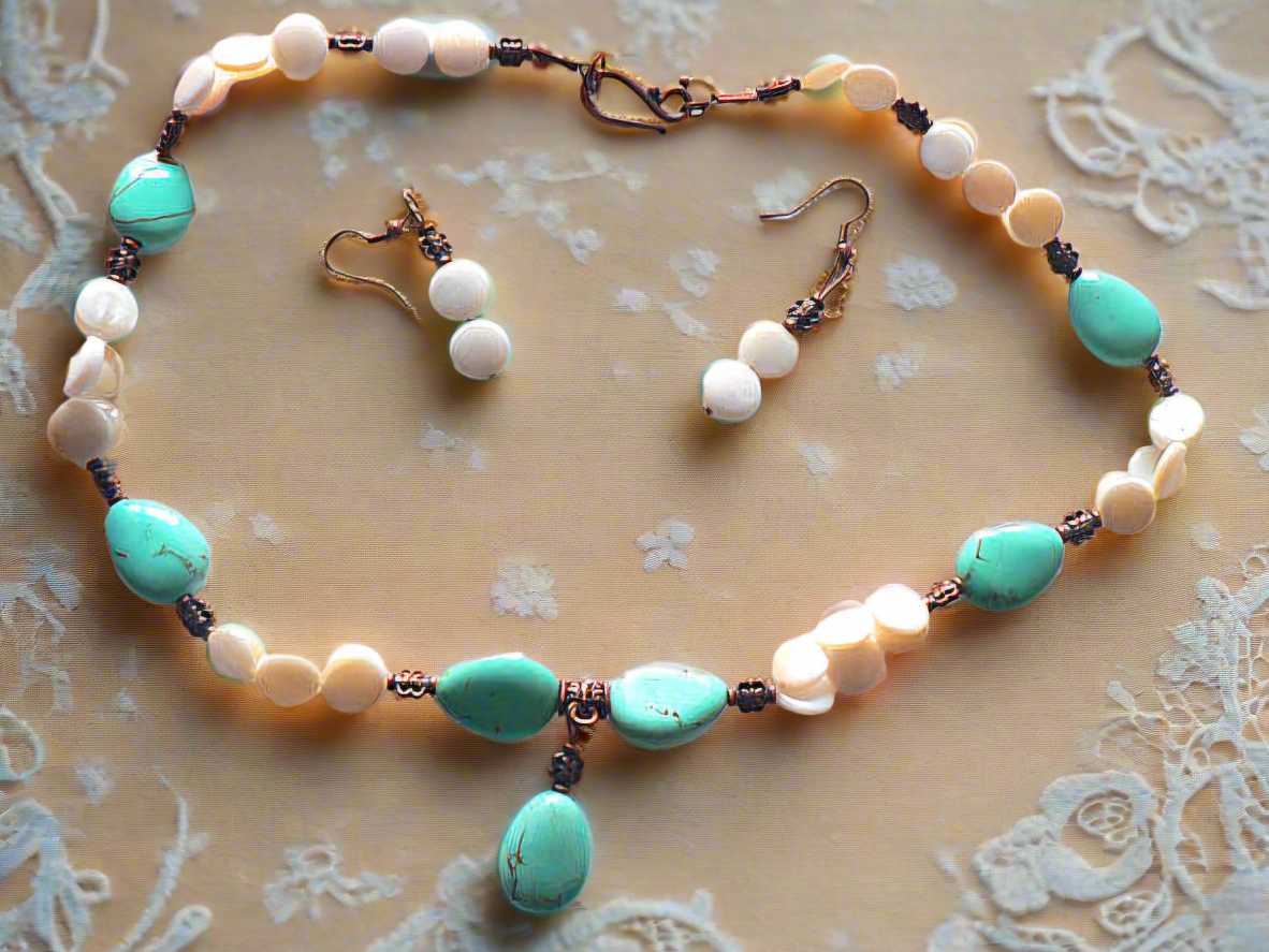 parure pastilles de nacre et turquoises