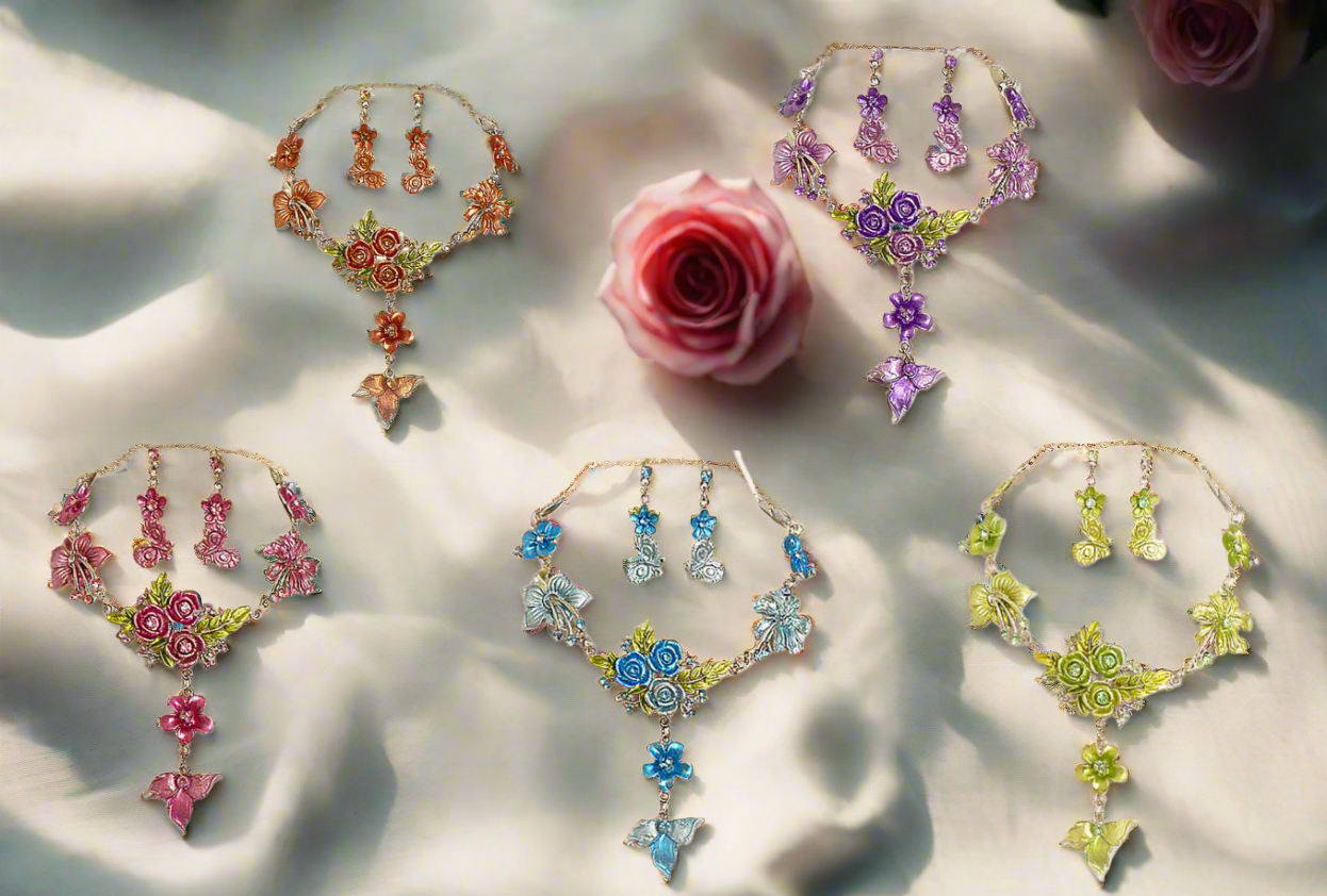 Parure en émail avec fleurs et feuilles, choisissez votre couleur