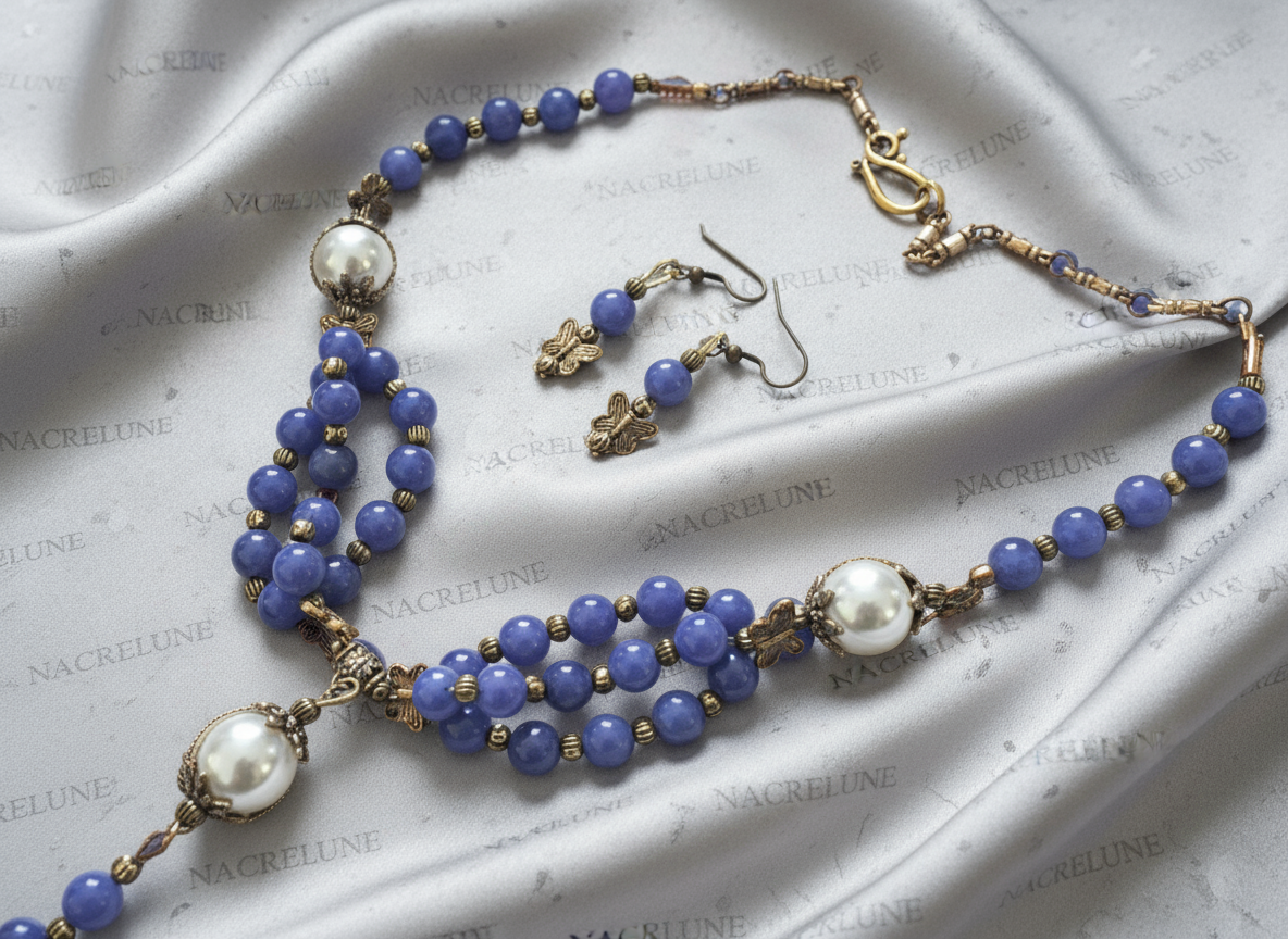 Parure en perles de jades mauves et perles de nacre NACRELUNE parure