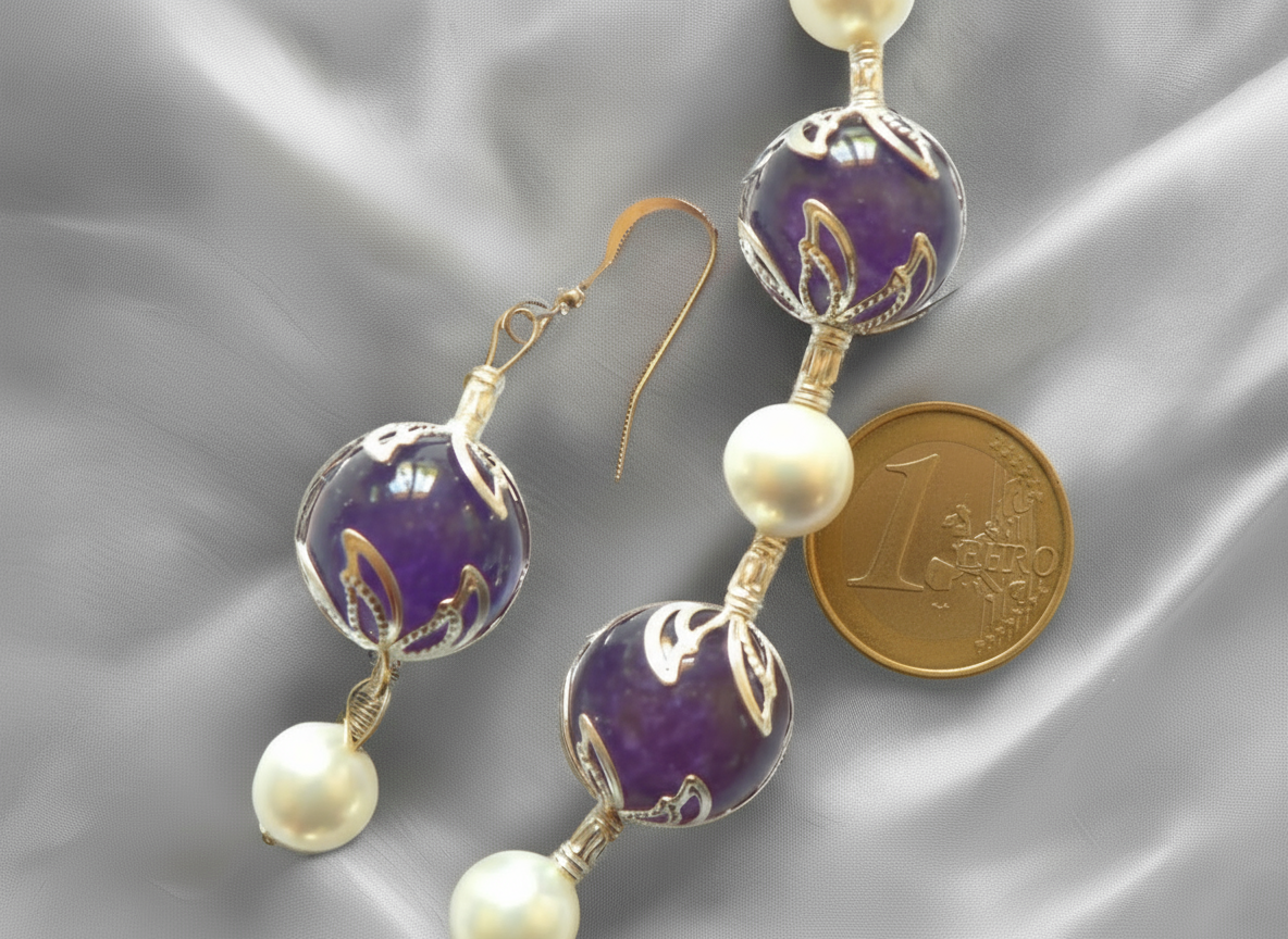 parure perles de nacre et améthystes véritables polies NACRELUNE parure