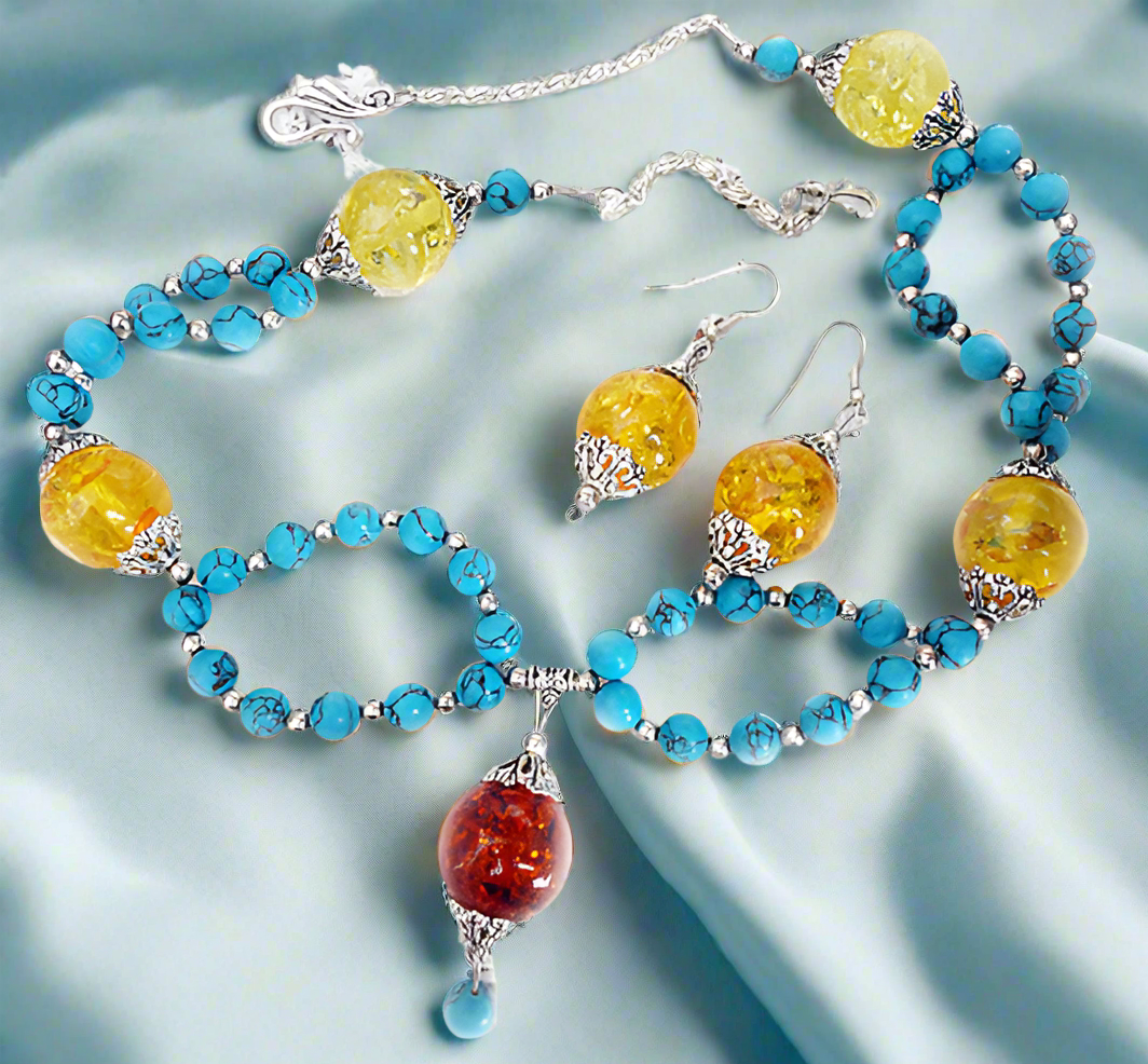 Parure turquoise reconstituée et ambres