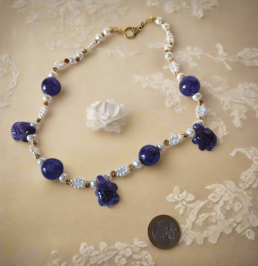 Collier en perles de culture et améthystes véritables sculptées en forme de tortues NACRELUNE collier