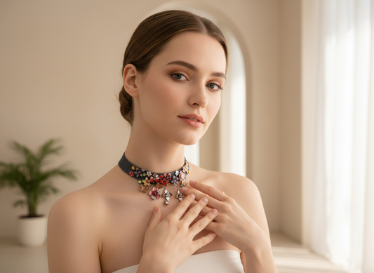 Collier en maille semi rigide avec fleurs et papillons nacrelune.com collier