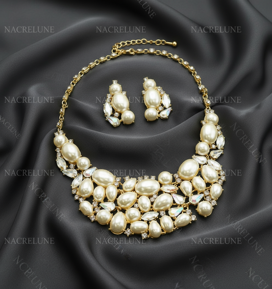 Parure fantaisie en perles fantaisie et strass aurore boréale Blanc NACRELUNE parure