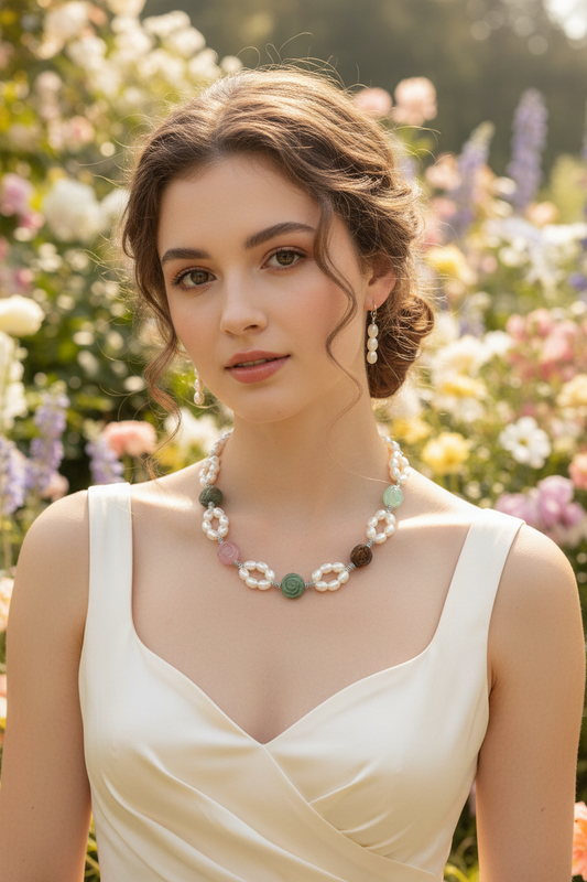 parure perles de culture avec fleurs multicolores en pierre naturelle NACRELUNE parure