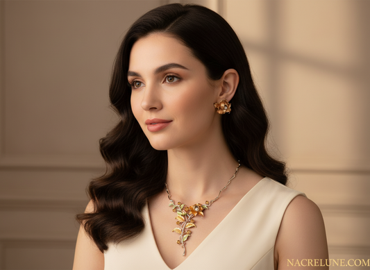 Parure fleurs en émail jaune orangé NACRELUNE parure