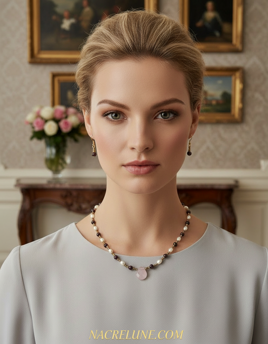 Parure petits rubis polis véritables avec perles de culture et quartz rose sculpté NACRELUNE parure