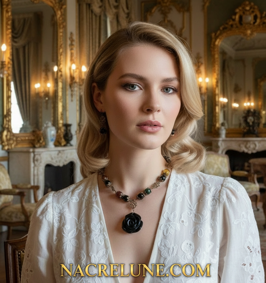 Parure en perles d'agates multicolores et rose sculptée en onyx NACRELUNE parure