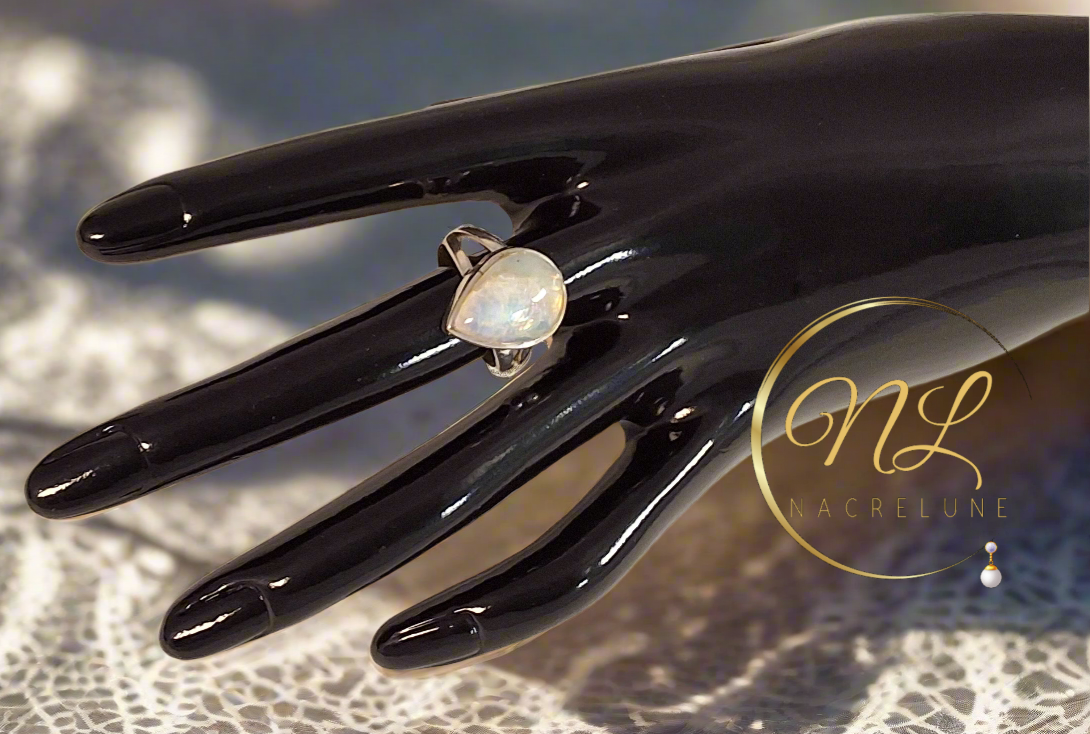 Bague en argent véritable avec magnifique pierre de lune bleue NACRELUNE Bague
