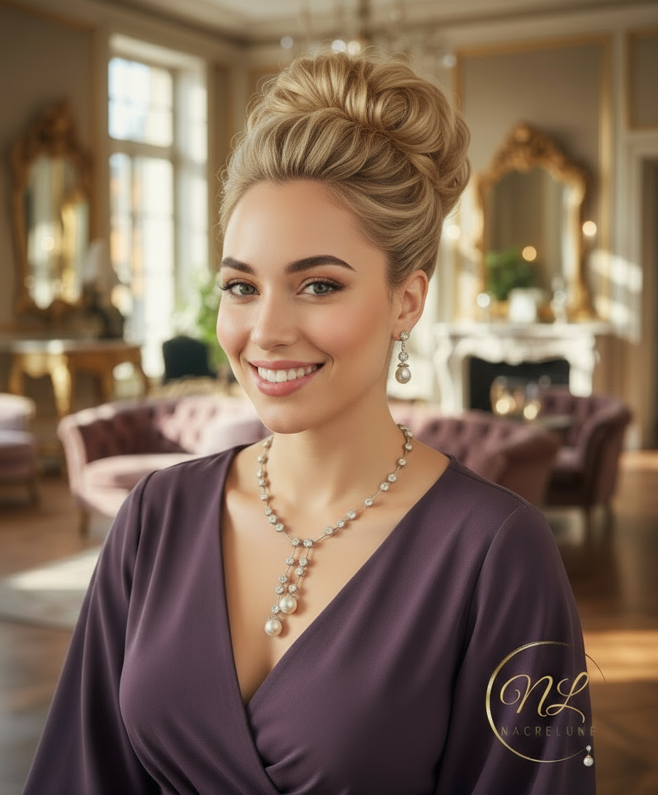 Parure dorée avec grandes perles fantaisie et strass NACRELUNE parure