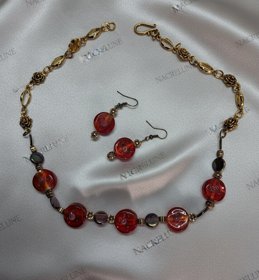 parure rouge en perles de verre et perles de nacre noire NACRELUNE parure