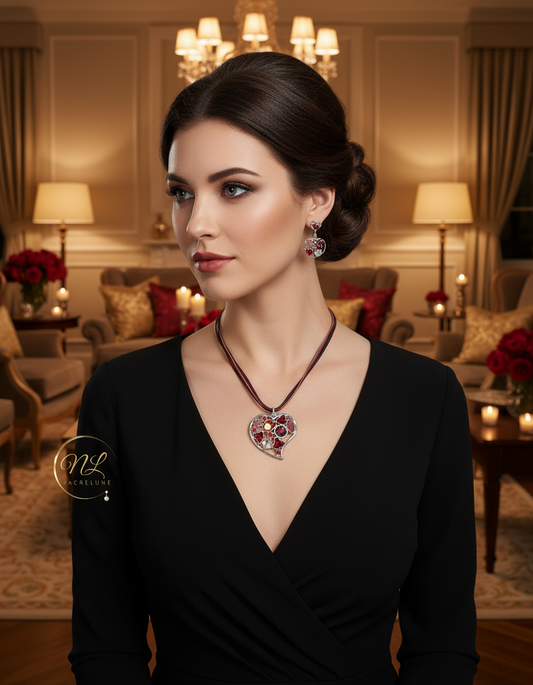 Pendentif en émail et strass en forme de coeur avec boucles assorties NACRELUNE parure