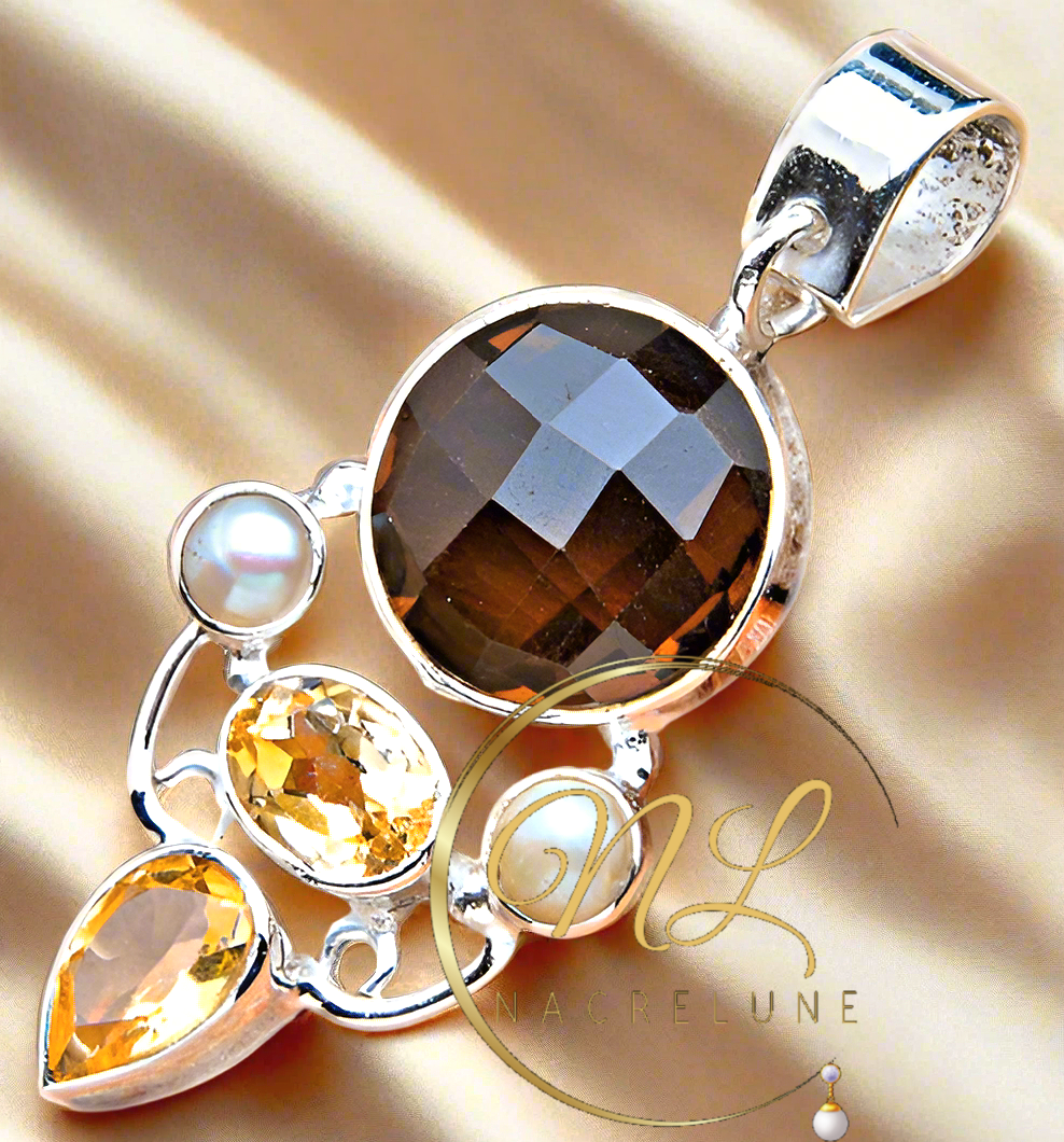 Pendentif en argent 925 avec perles, citrines et quartz fumé
