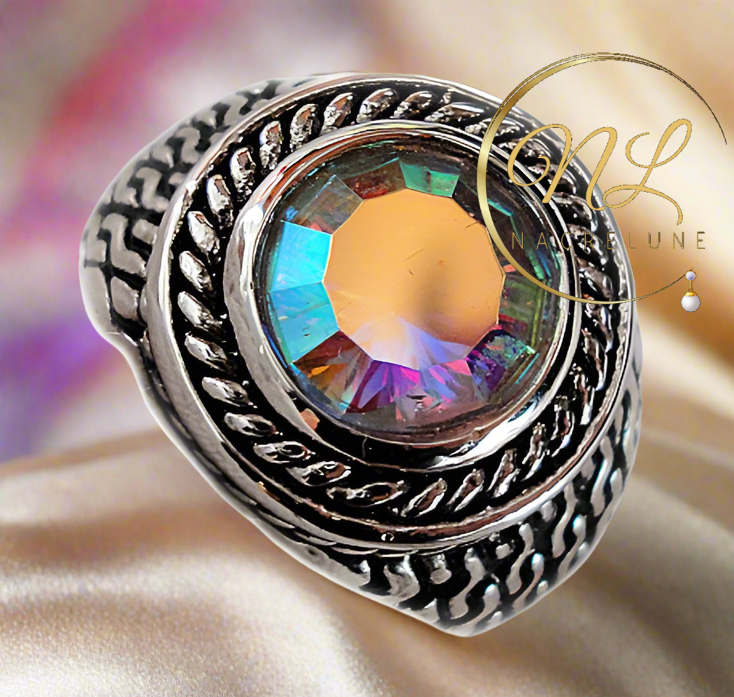 Bague en argent 925 avec topaze traitée mystique multicolore