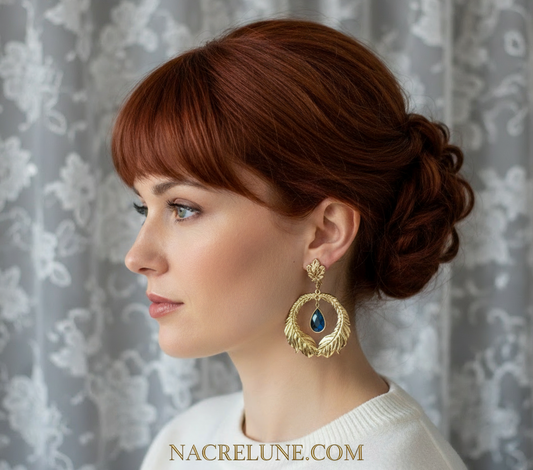 Grandes boucles d'oreille fantaisie en forme de plume de paon NACRELUNE boucles d'oreille