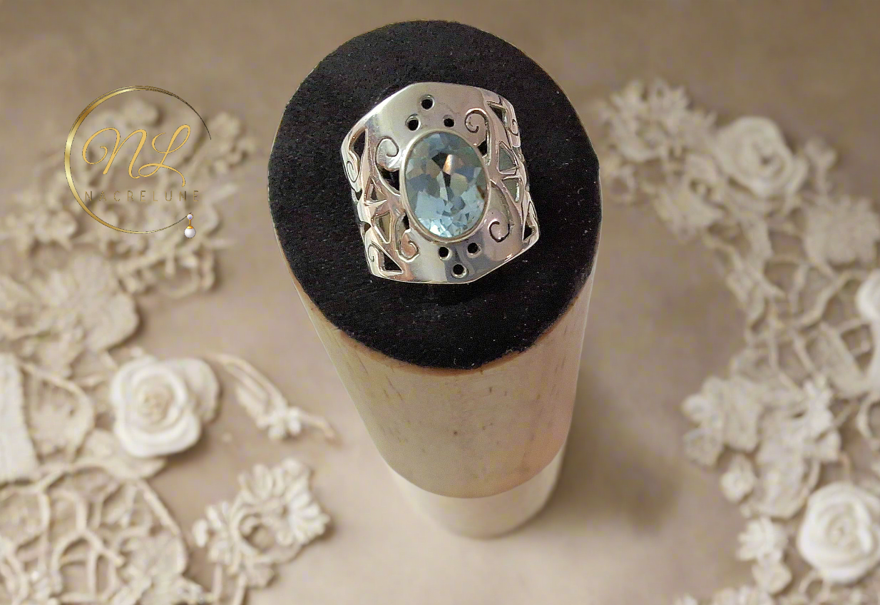 Bague en argent 925 avec topaze bleue taillée NACRELUNE Bague