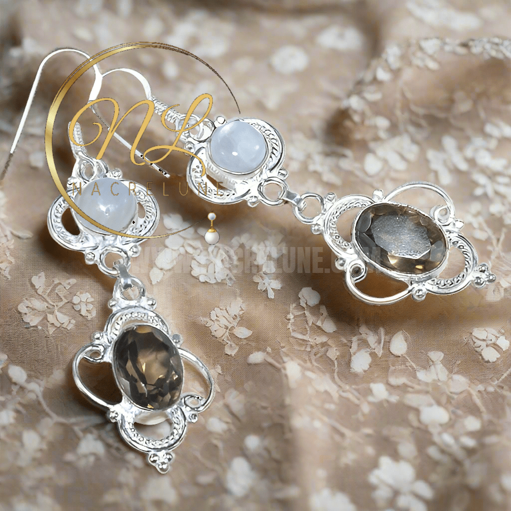 Boucles en argent avec pierre lune et quartz fumé