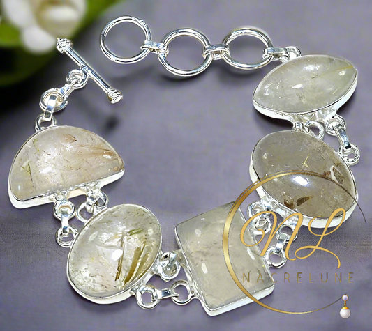 🎃Bracelet en argent avec quartz rutiles dorés NACRELUNE bracelet