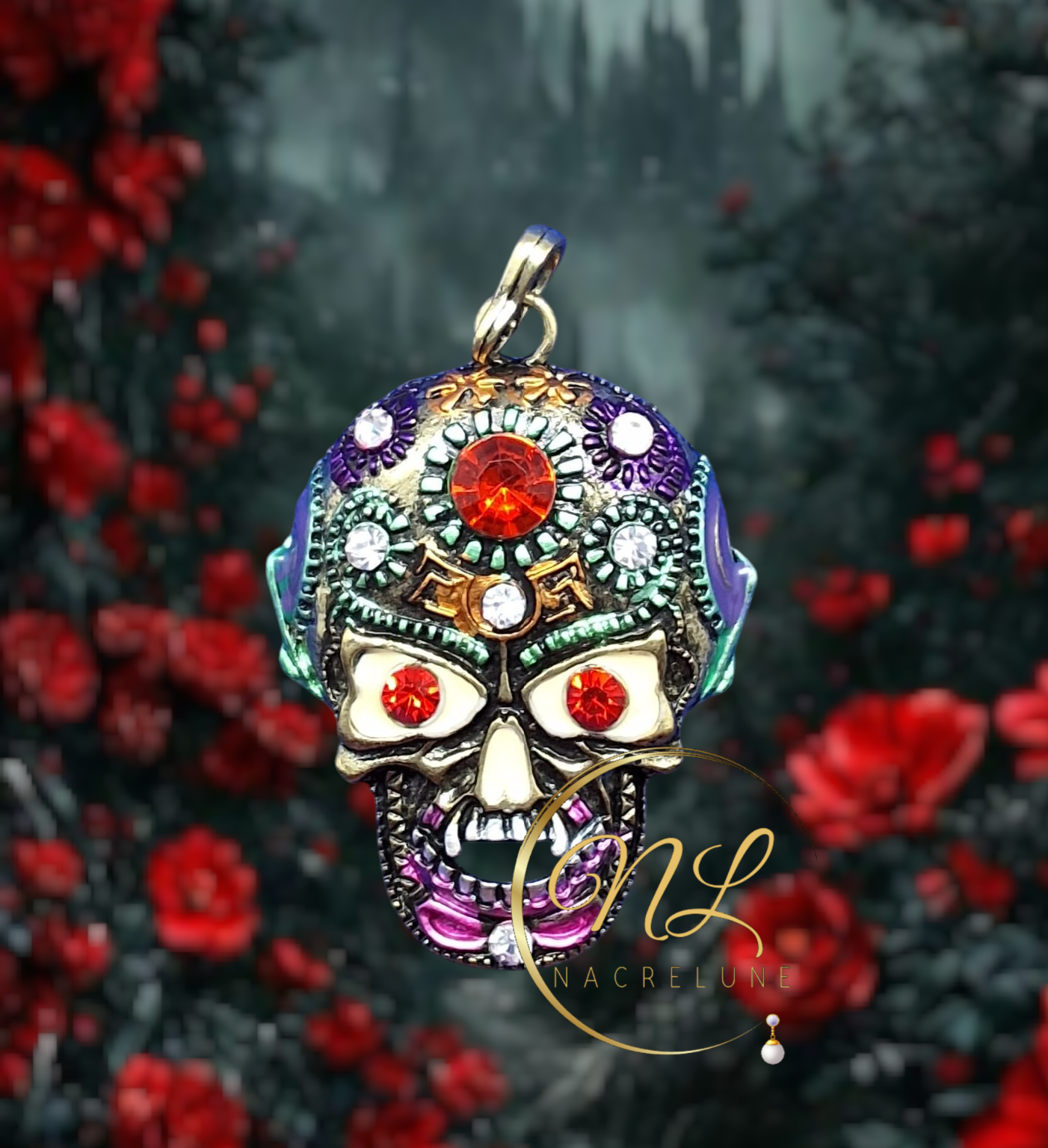 Pendentif mexicain ou gothique tête de mort, yeux rouges