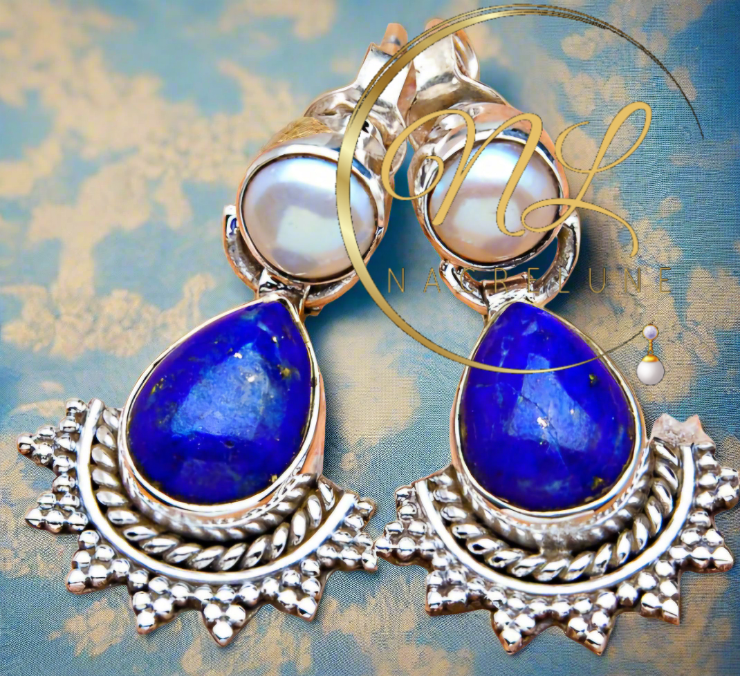 Boucles d'oreille en argent véritable avec lapis lazuli et perles
