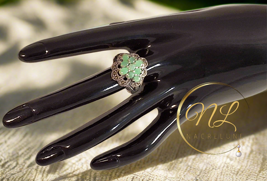 Bague en argent véritable et marcassites avec émeraudes vraies NACRELUNE Bague