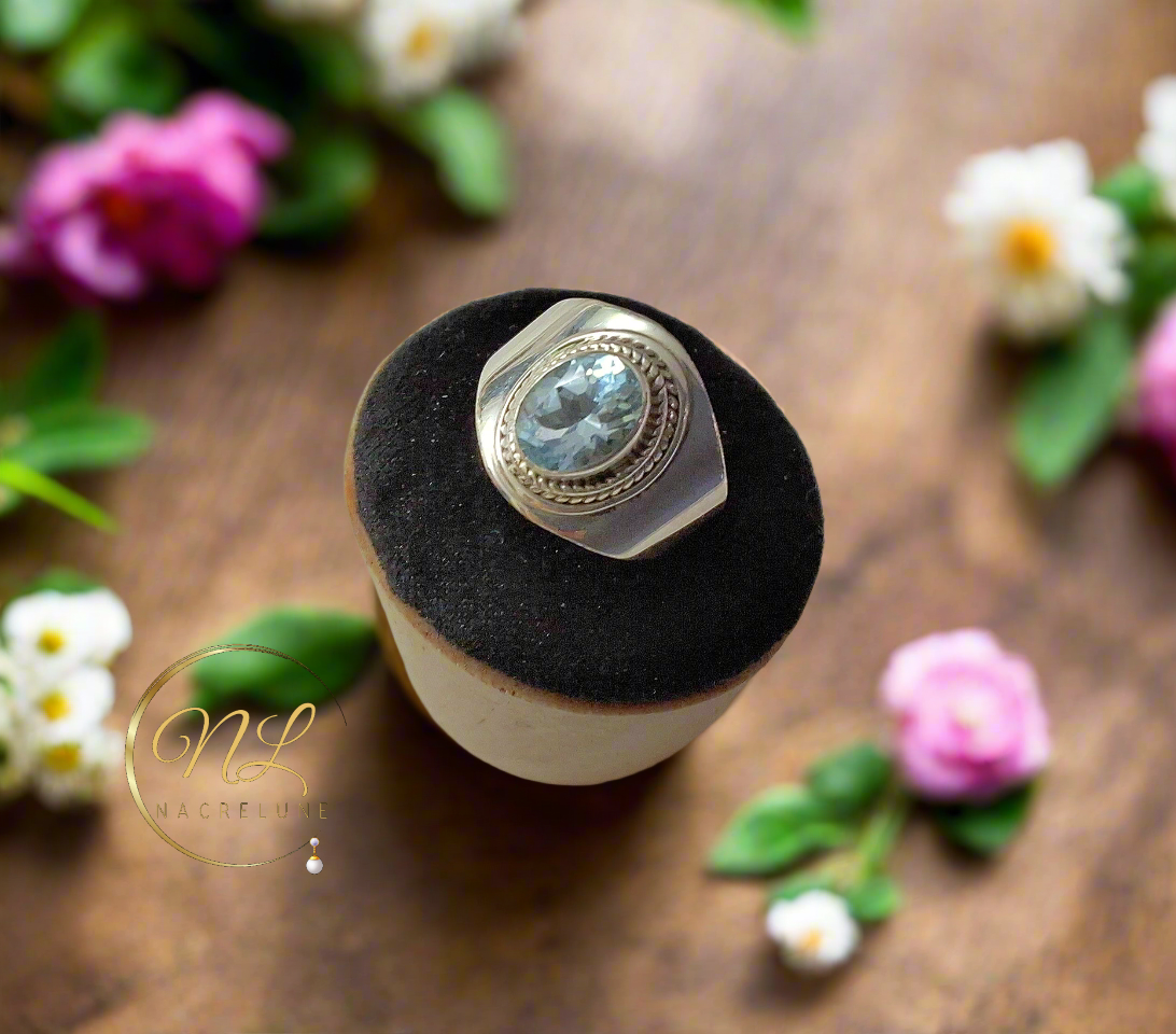 Bague en argent 925 avec topaze bleue NACRELUNE Bague