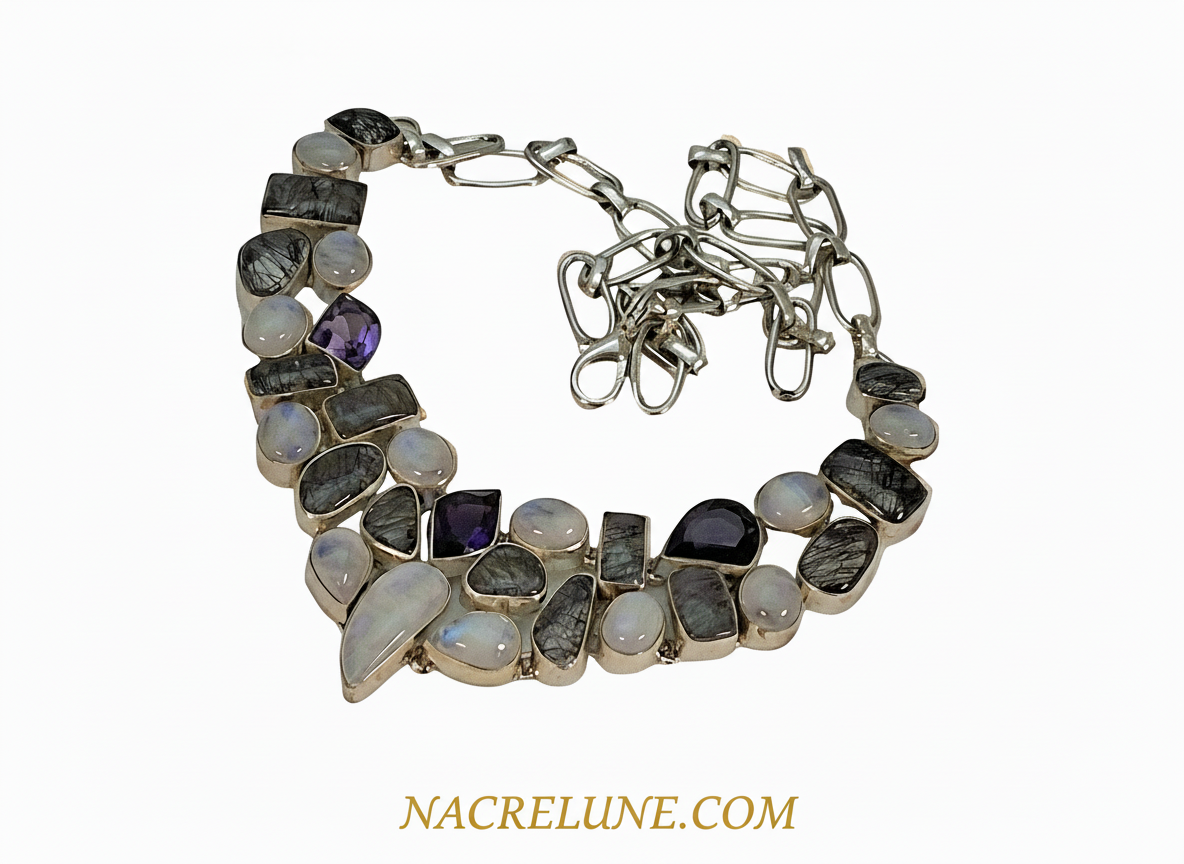Collier en argent 925 avec pierres de lune, quartz rutiles et améthystes NACRELUNE collier