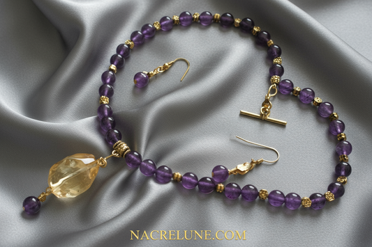 Parure en perles d'améthystes véritable et grande citrine facettée NACRELUNE parure