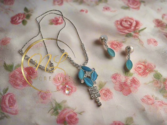 Parure oeil du chat et strass Bleu turquoise gouttes NACRELUNE parure