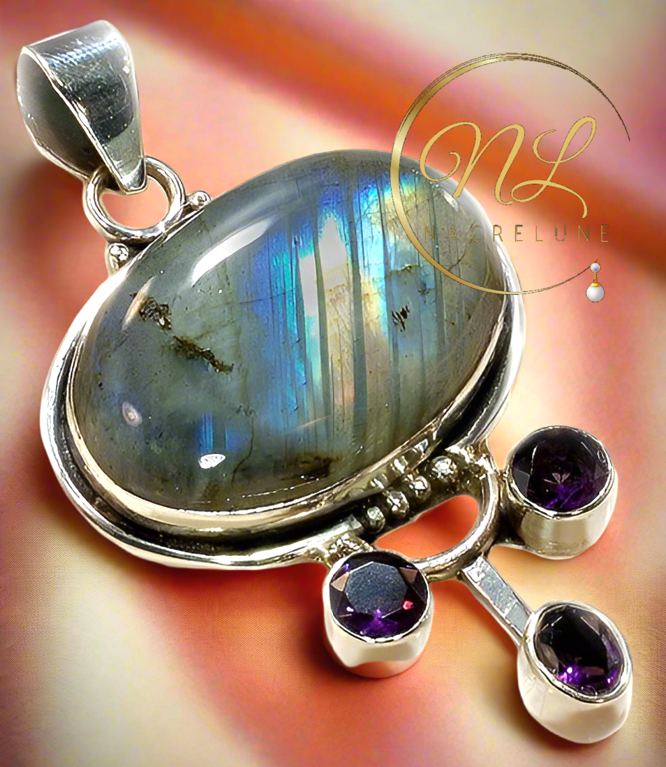pendentif argent 925 avec labradorite et amethystes