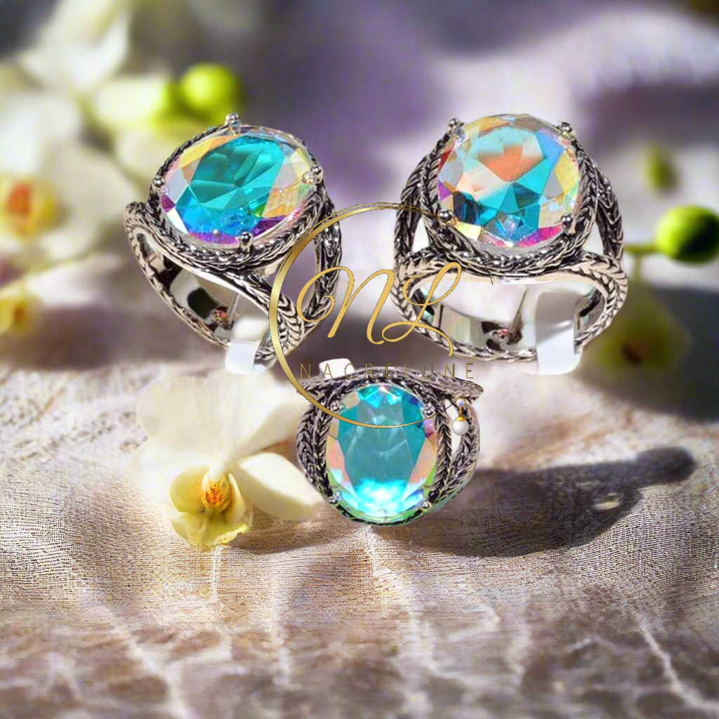Bague en argent 925 avec topaze traitée mystique multicolore