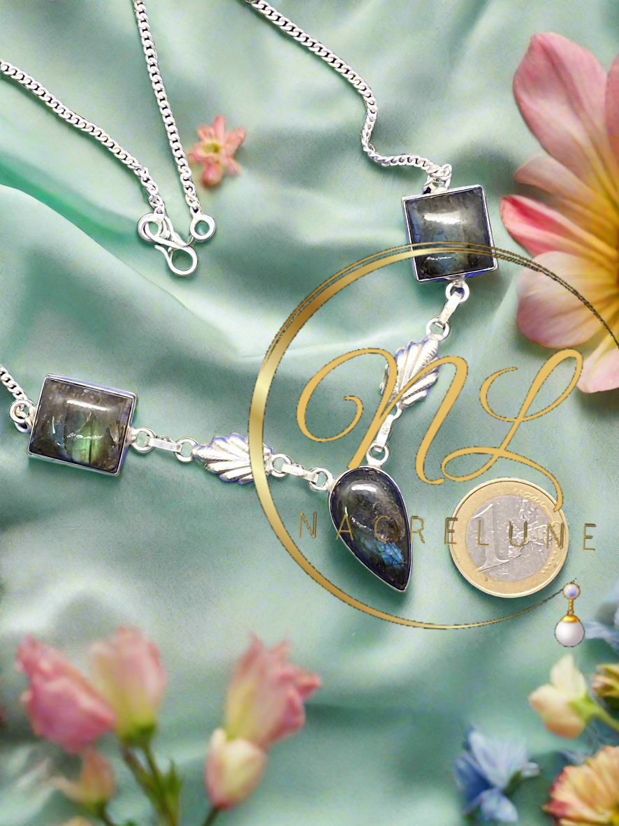 collier en argent véritable orné de pierres naturelles polies de labradorites